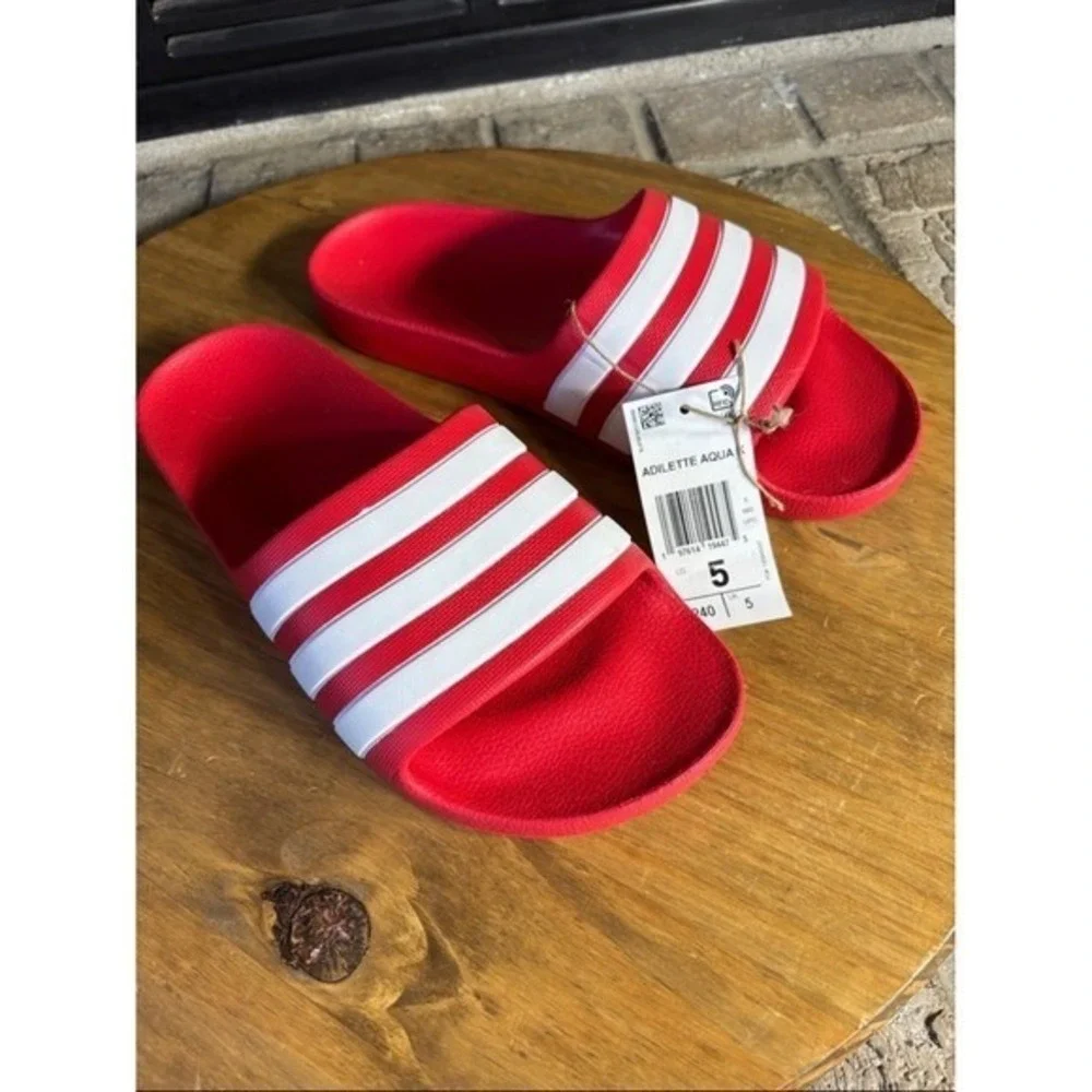 Adidas Youth SZ‎ 5 Adilette Shower Slides Vivid Red White Cloudfoam Slip On NEW